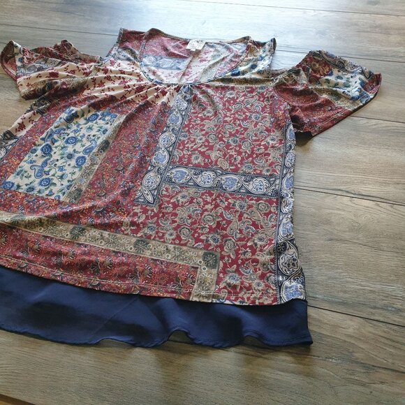 Patchwork Print Boho Women Top XL Naif Cold Shoulder Lightweight Blouse Sheer - Picture 4 of 6